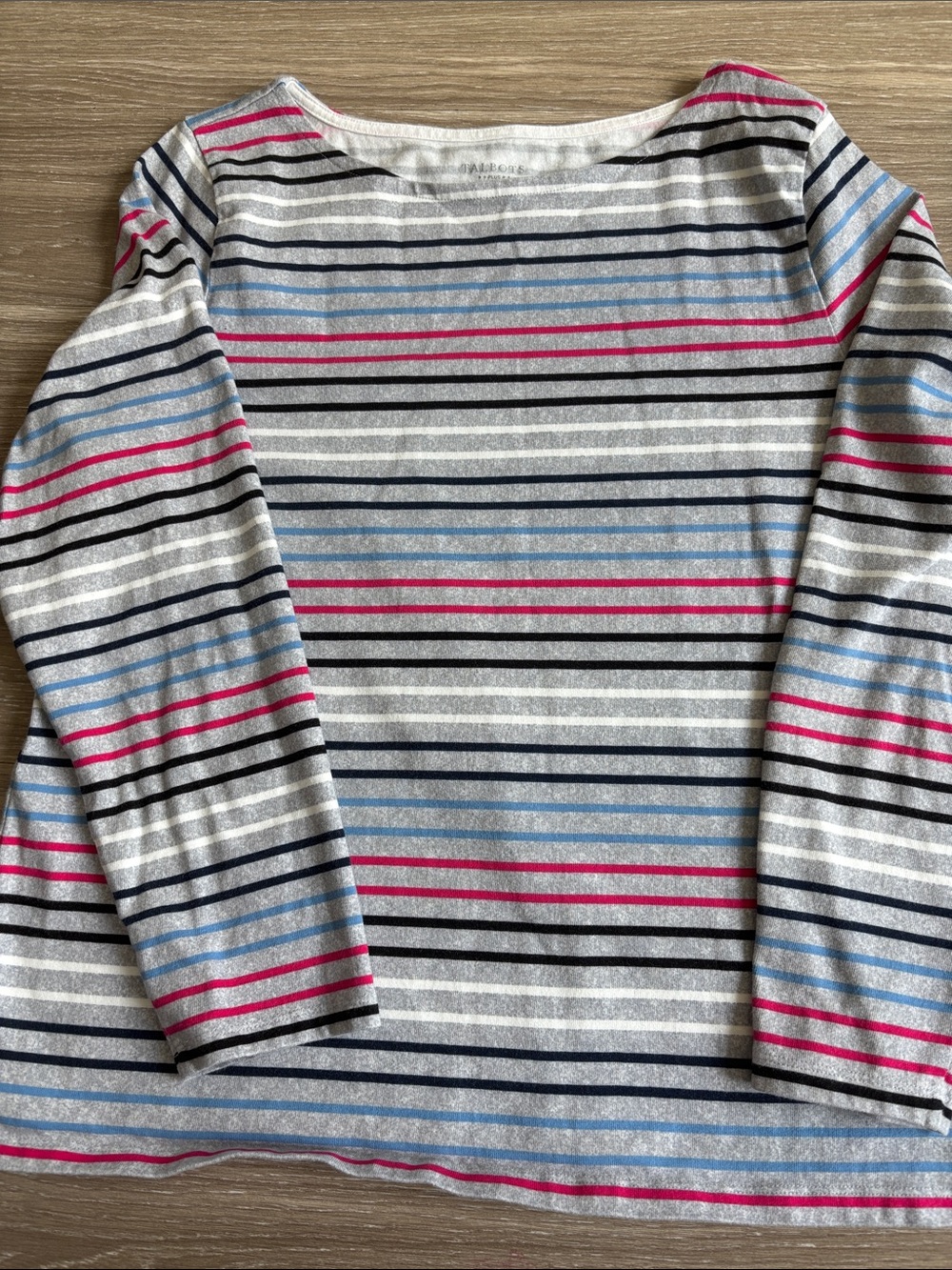 Talbots Long-Sleeve Stripe Tee in White, Pink & Blue 💯 Cotton 1X Plus Size